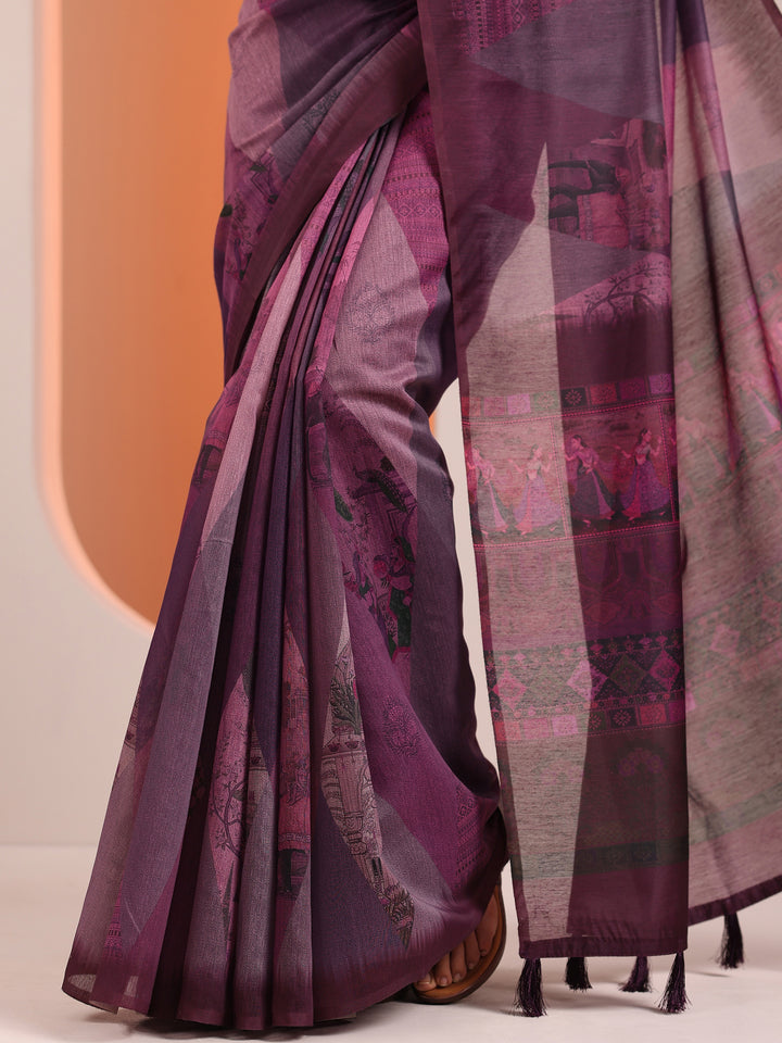 Purple Printed Silk Blend Saree With Unstitched Blouse Piece