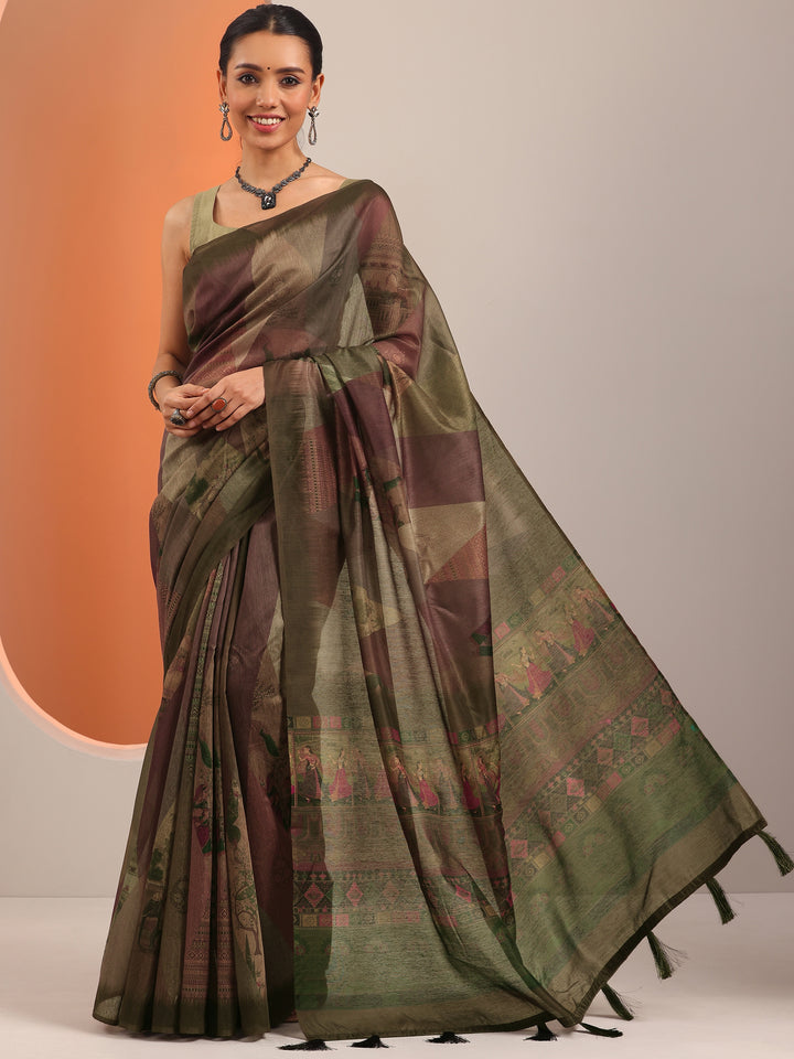 Green Printed Silk Blend Saree With Unstitched Blouse Piece
