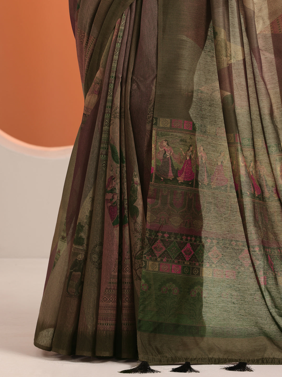 Green Printed Silk Blend Saree With Unstitched Blouse Piece