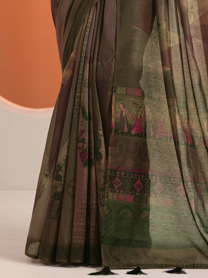 Green Printed Silk Blend Saree With Unstitched Blouse Piece