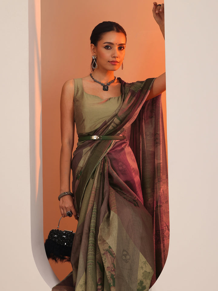 Green Printed Silk Blend Saree With Unstitched Blouse Piece