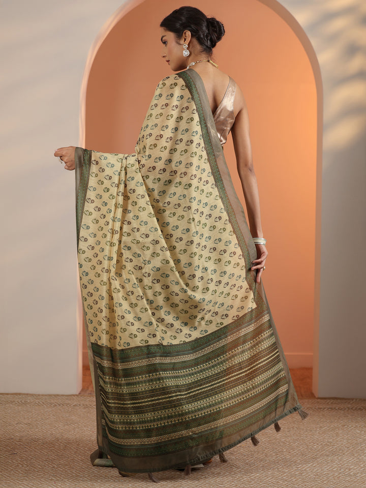 Beige Printed Silk Blend Saree With Unstitched Blouse Piece
