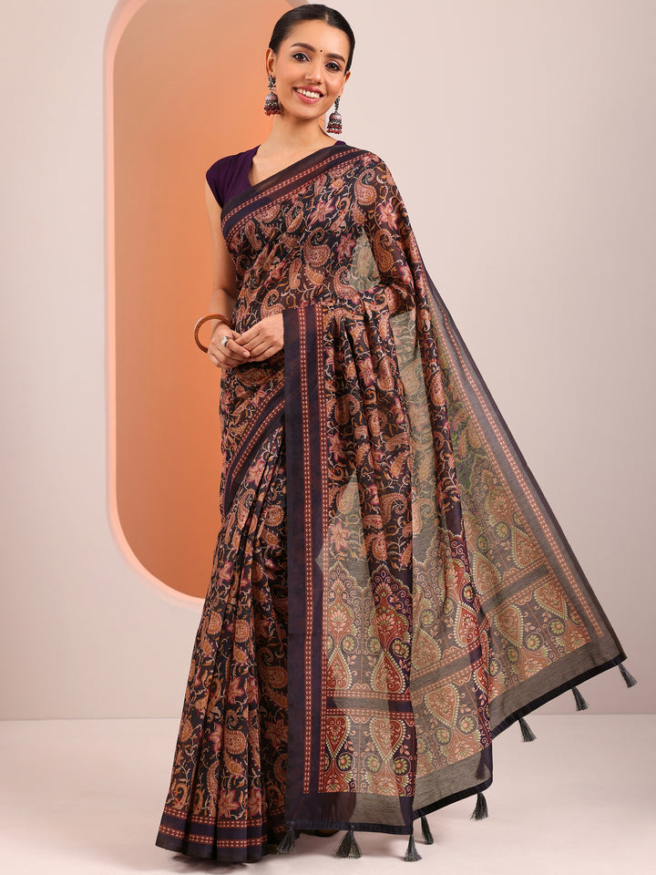 Rust Printed Silk Blend Saree With Unstitched Blouse Piece