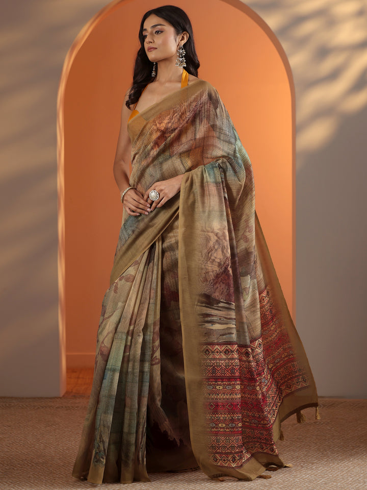 Tan Printed Silk Blend Saree With Unstitched Blouse Piece