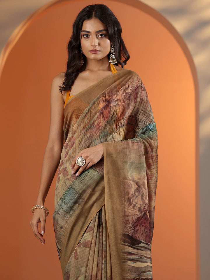 Tan Printed Silk Blend Saree With Unstitched Blouse Piece