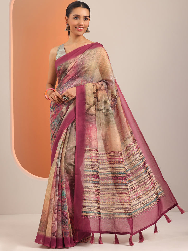 Tan Printed Silk Blend Saree With Unstitched Blouse Piece