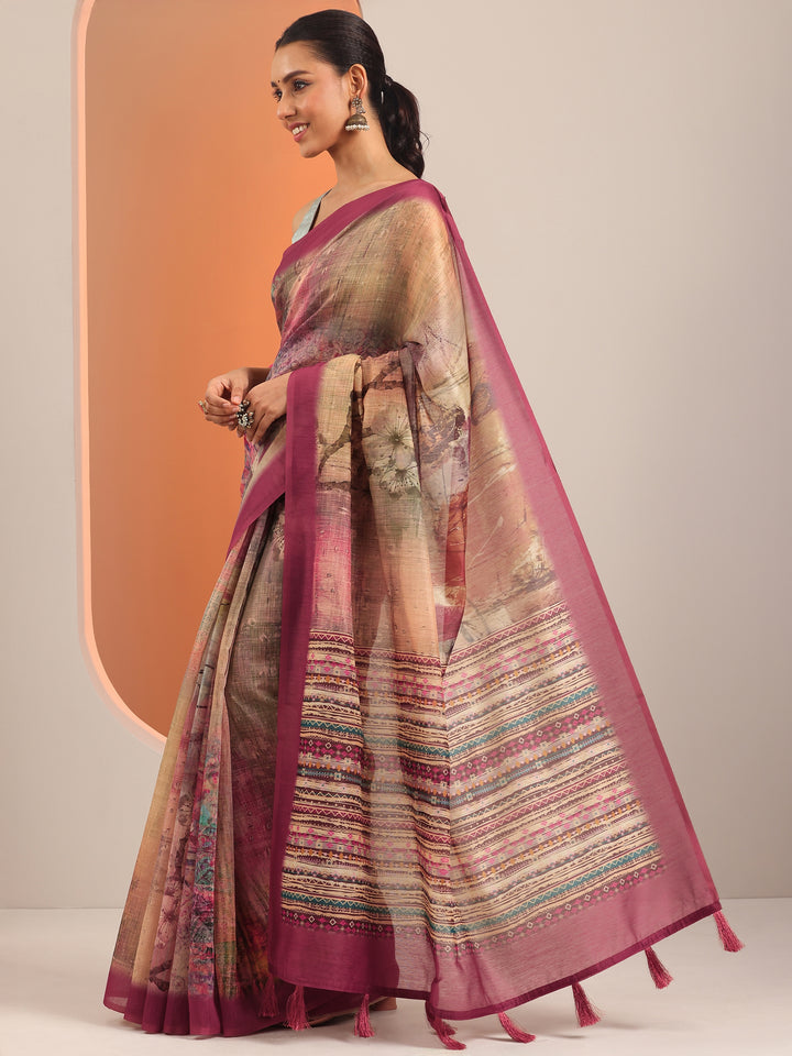 Tan Printed Silk Blend Saree With Unstitched Blouse Piece