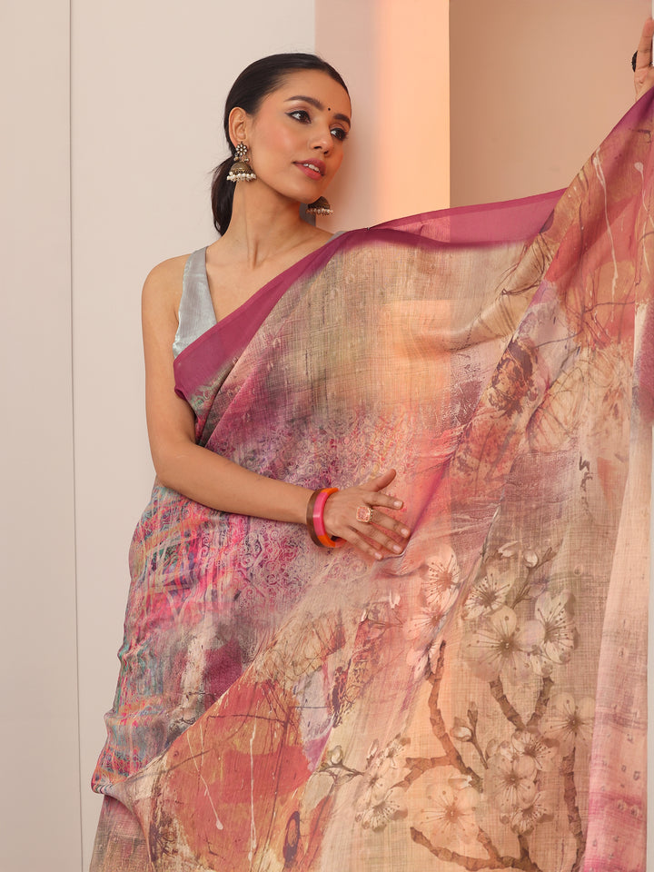 Tan Printed Silk Blend Saree With Unstitched Blouse Piece