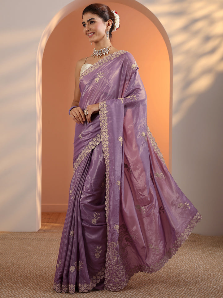 Lavender Embroidered Silk Blend Saree With Unstitched Blouse Piece