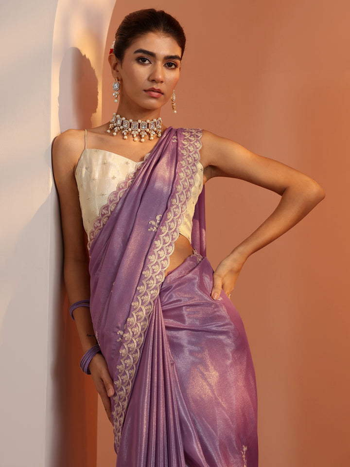 Lavender Embroidered Silk Blend Saree With Unstitched Blouse Piece