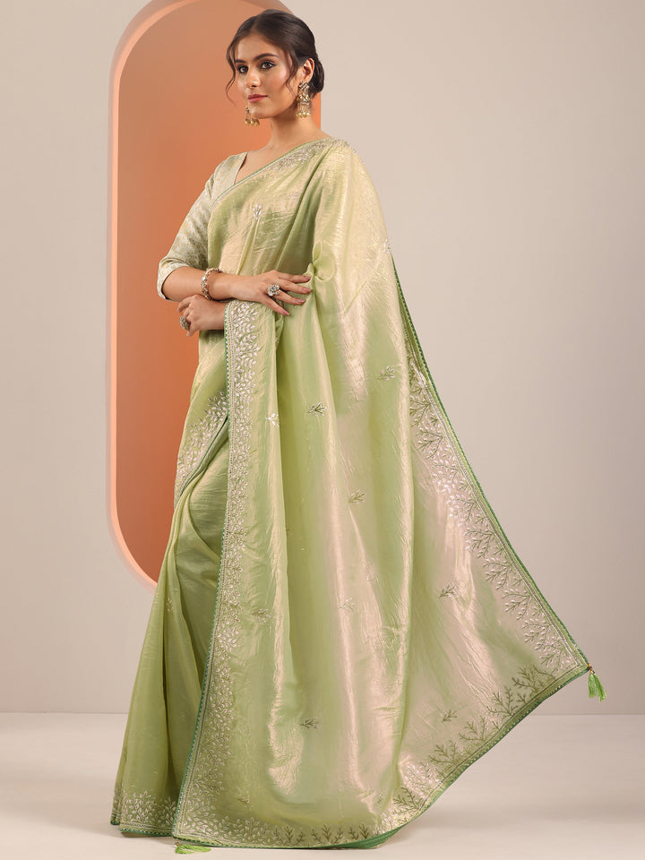 Green Embroidered Jimmy Choo Organza Saree With Unstitched Blouse Piece