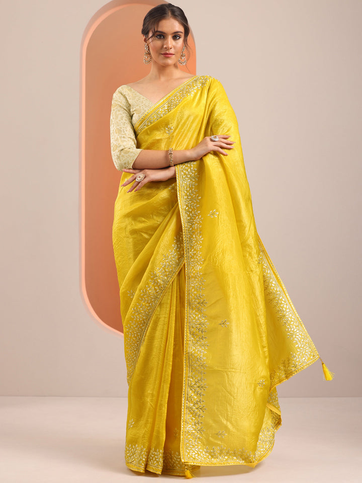 Yellow Embroidered Organza Saree With Unstitched Blouse Piece