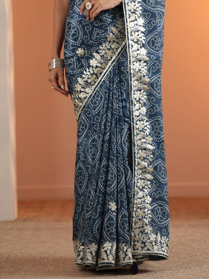 Blue Bandhani Printed Chinon Saree With Unstitched Blouse Piece