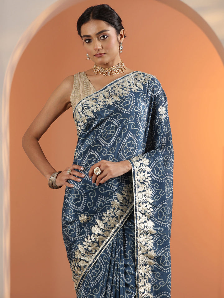 Blue Bandhani Printed Chinon Saree With Unstitched Blouse Piece