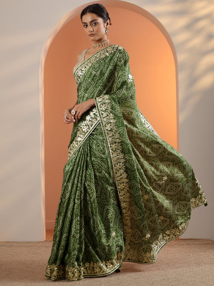 Olive Bandhani Printed Chinon Saree With Unstitched Blouse Piece
