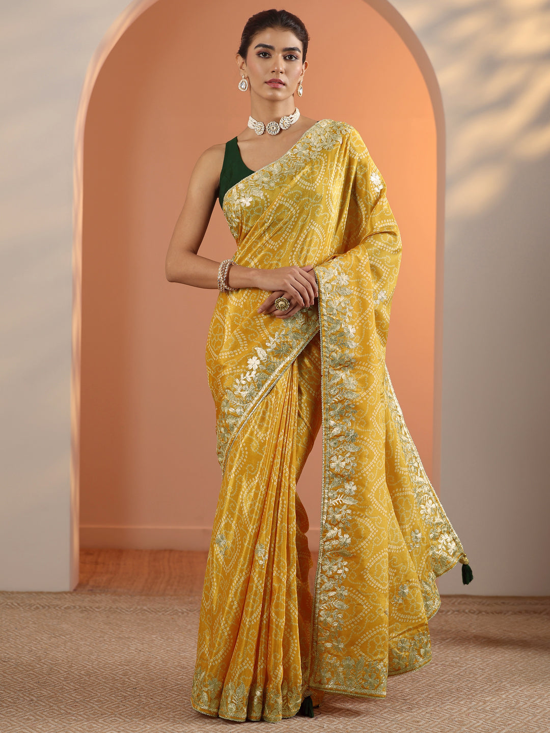 Yellow Bandhani Printed Chinon Saree With Unstitched Blouse Piece
