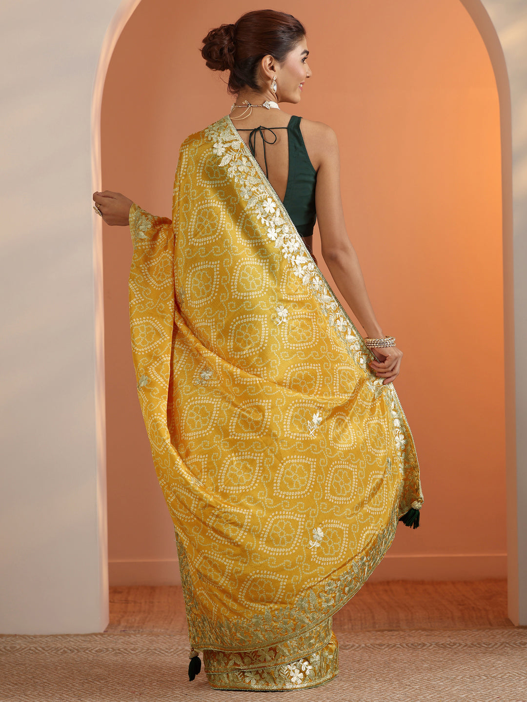 Yellow Bandhani Printed Chinon Saree With Unstitched Blouse Piece