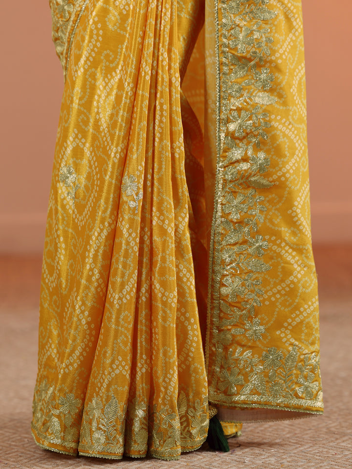 Yellow Bandhani Printed Chinon Saree With Unstitched Blouse Piece