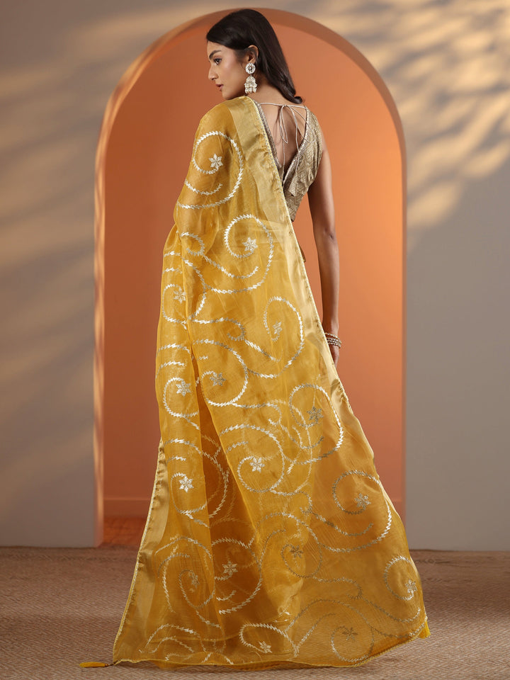 Yellow Embellished Nylon Saree With Unstitched Blouse Piece