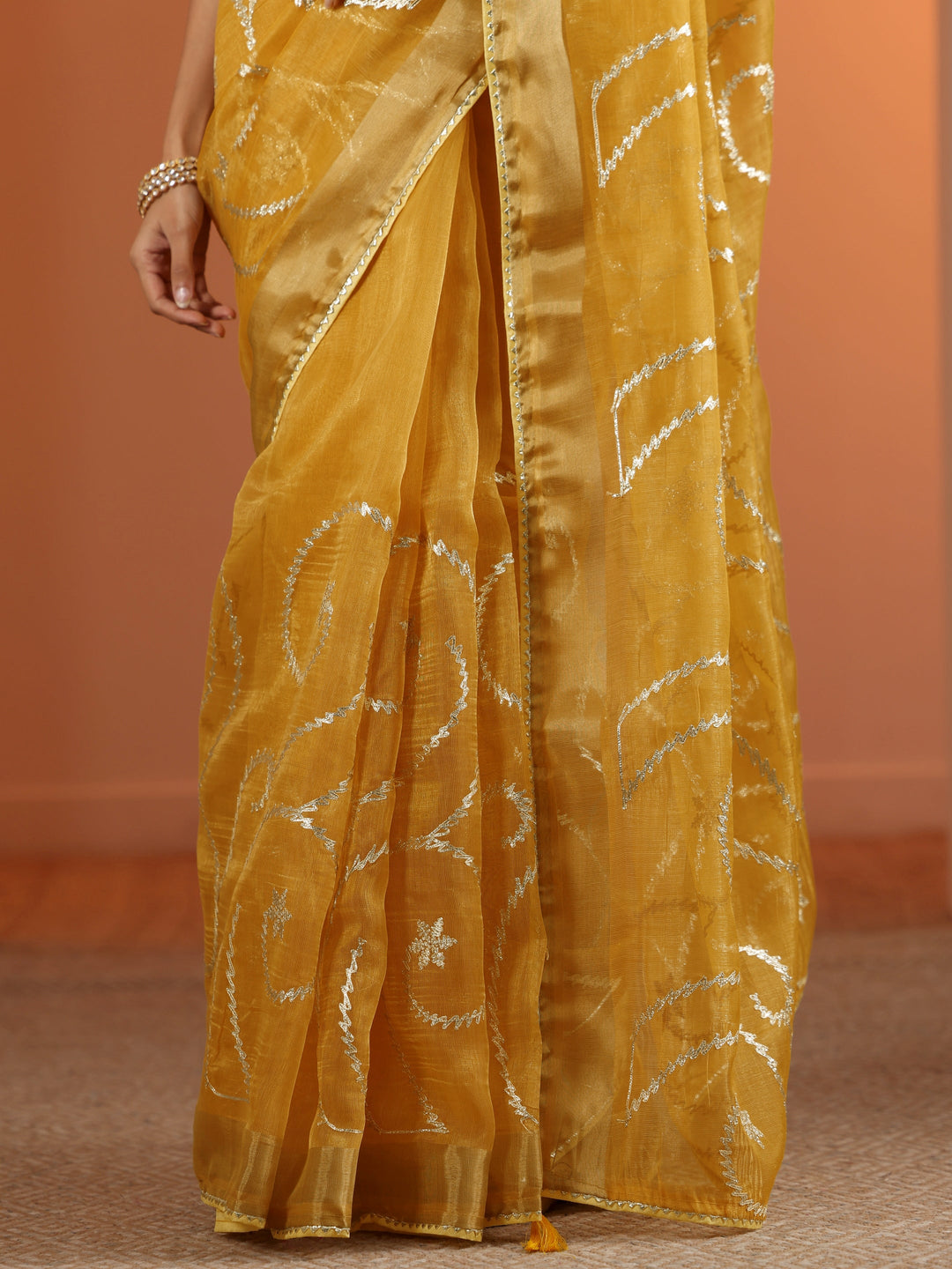 Yellow Embellished Nylon Saree With Unstitched Blouse Piece