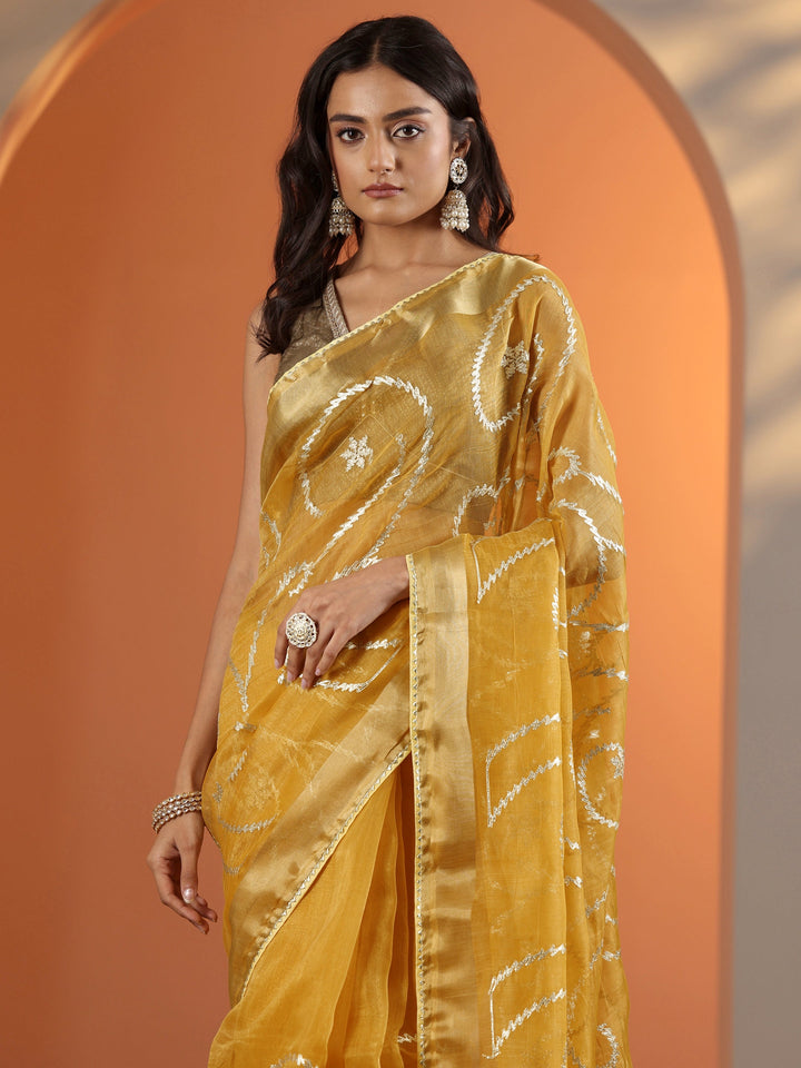 Yellow Embellished Nylon Saree With Unstitched Blouse Piece