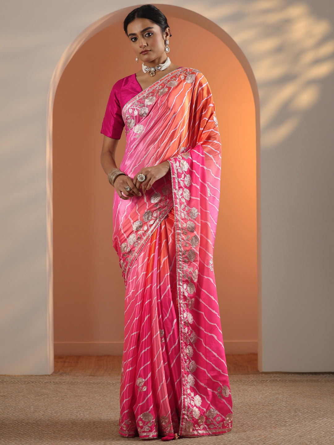 Pink Printed Chinon Saree With Unstitched Blouse Piece