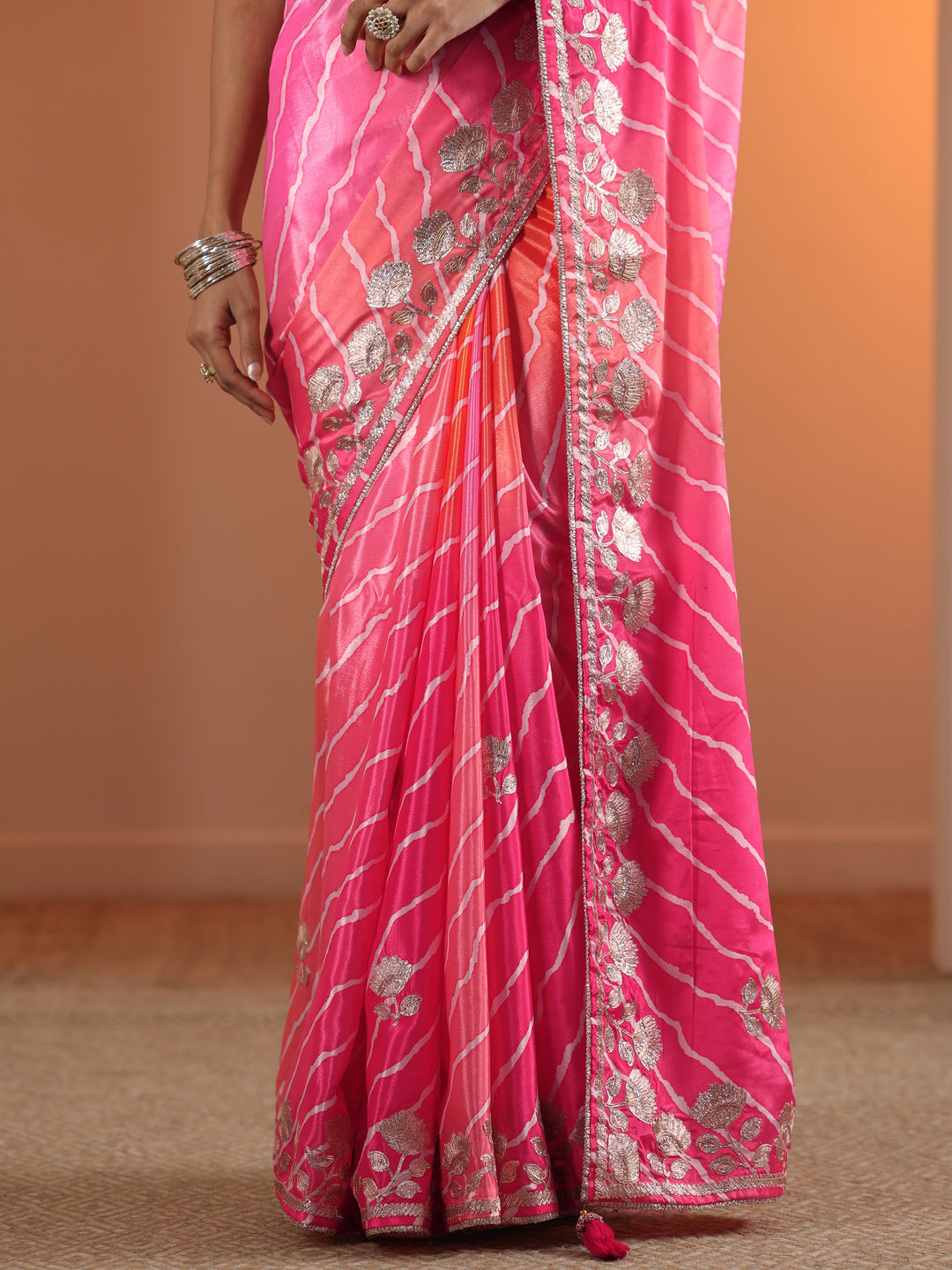 Pink Printed Chinon Saree With Unstitched Blouse Piece