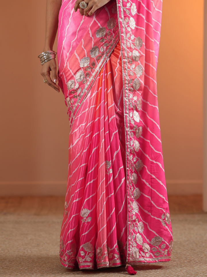 Pink Printed Chinon Saree With Unstitched Blouse Piece
