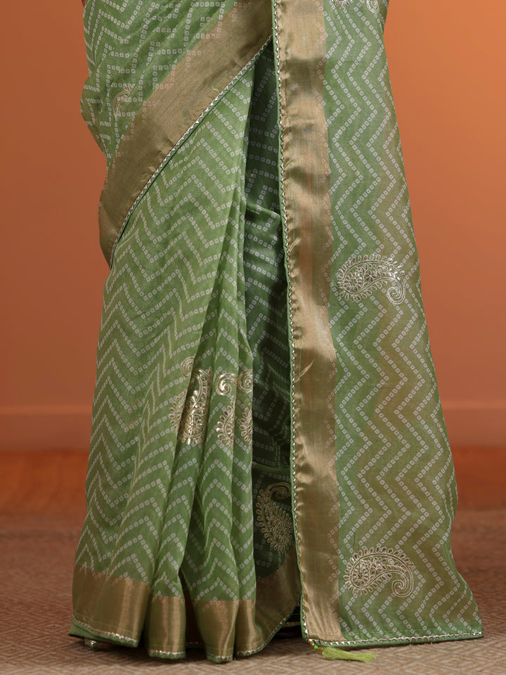 Green Printed Nylon Saree With Unstitched Blouse Piece