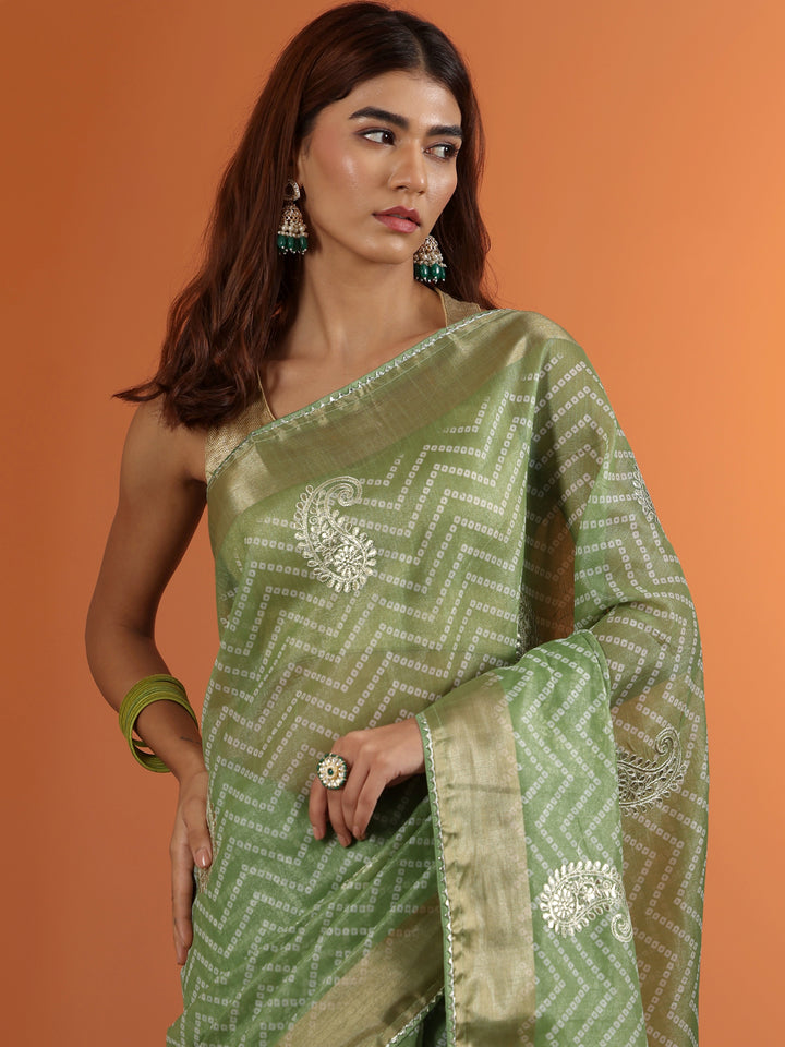Green Printed Nylon Saree With Unstitched Blouse Piece