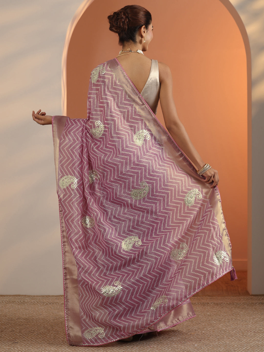 Mauve Bandhani Printed Nylon Saree With Unstitched Blouse Piece