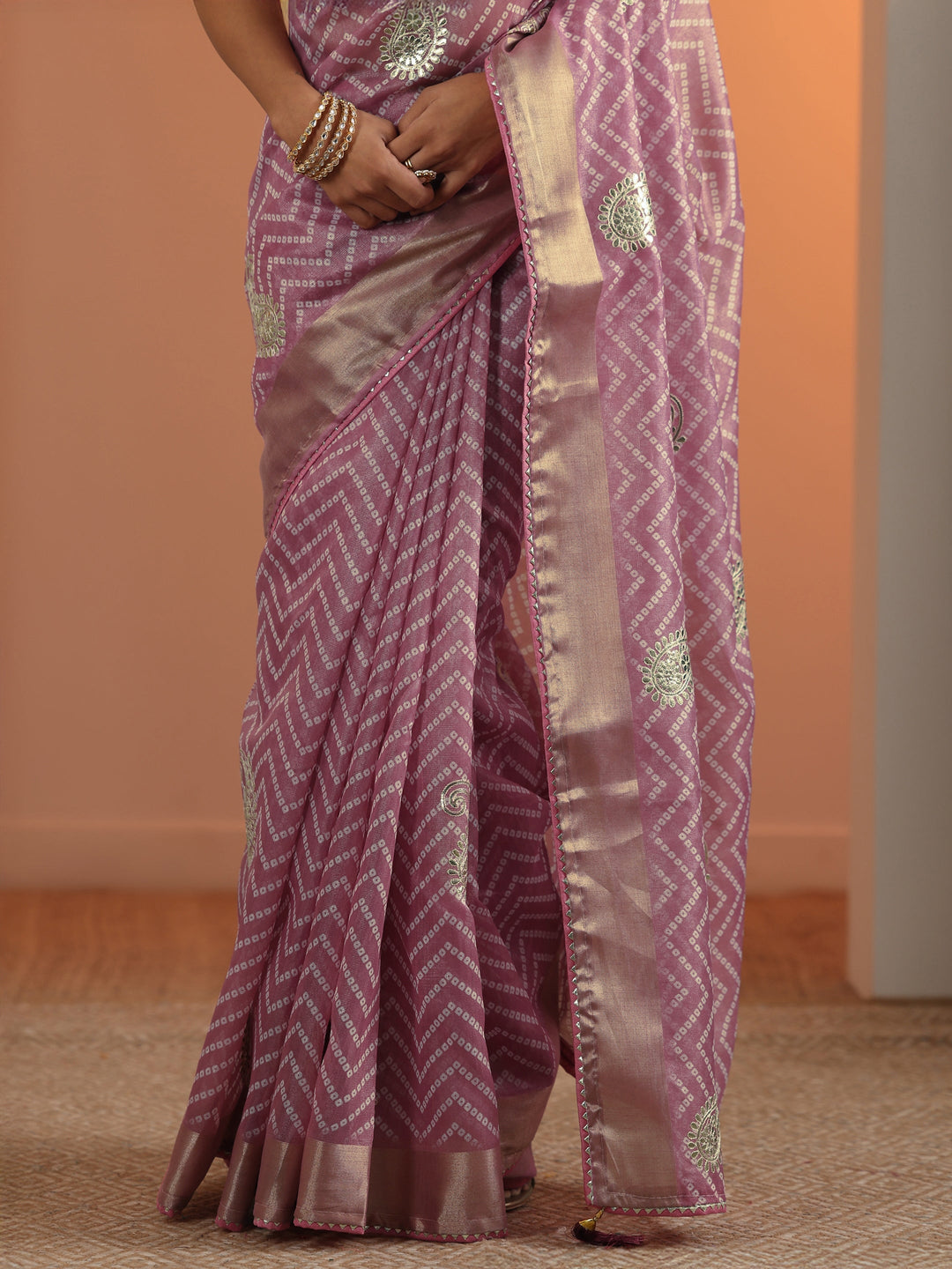 Mauve Bandhani Printed Nylon Saree With Unstitched Blouse Piece