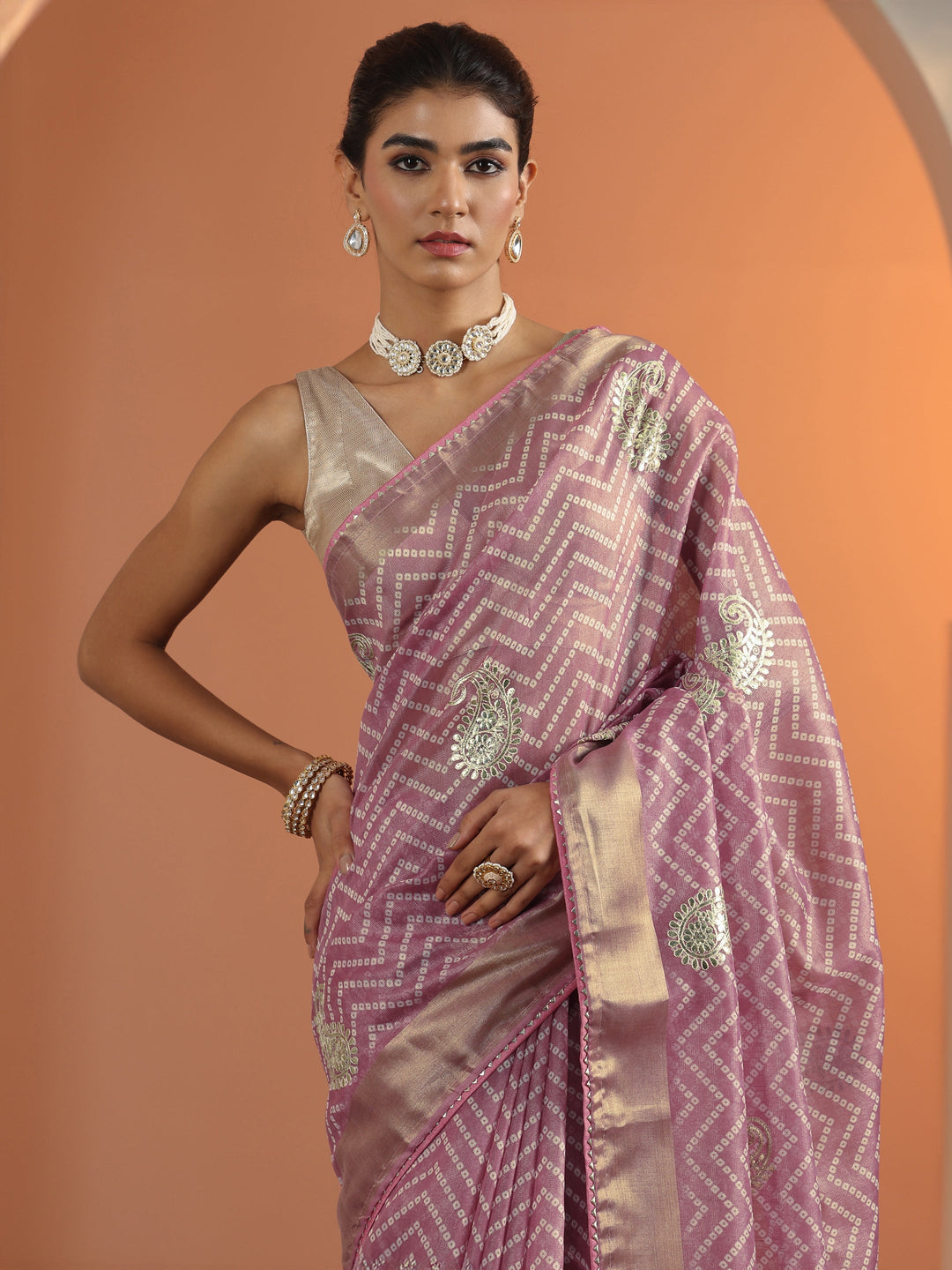 Mauve Bandhani Printed Nylon Saree With Unstitched Blouse Piece
