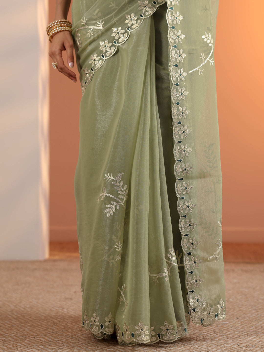 Green Embellished Jimmy Choo Organza Saree With Unstitched Blouse Piece