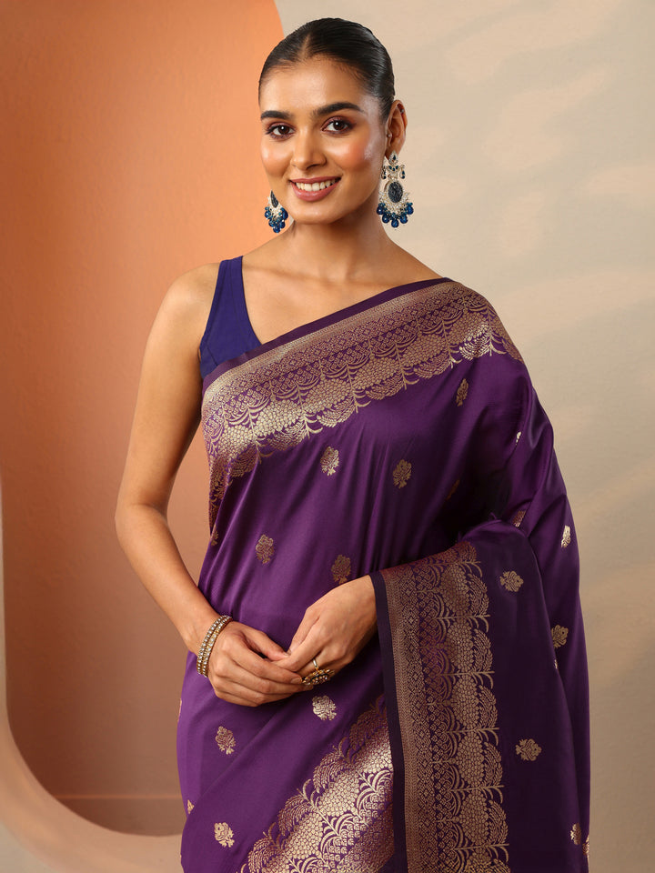 Purple Woven Design Banarasi Silk Blend Saree With Unstitched Blouse Piece