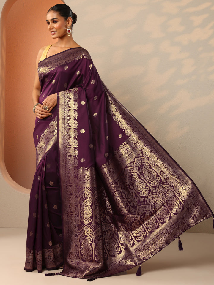 Burgundy Woven Design Banarasi Silk Blend Saree With Unstitched Blouse Piece