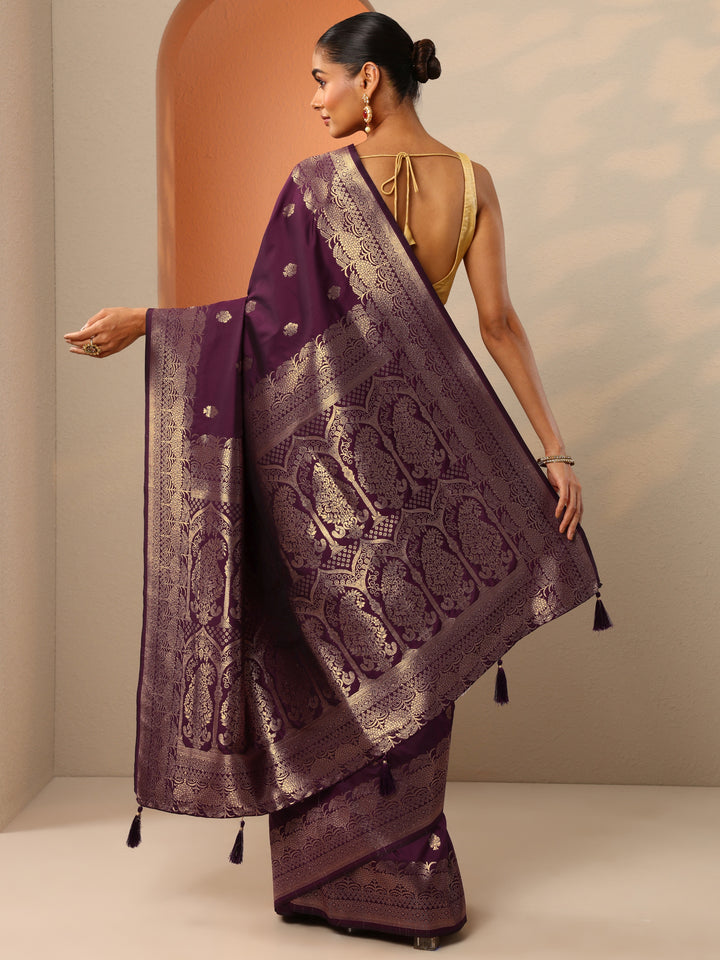 Burgundy Woven Design Banarasi Silk Blend Saree With Unstitched Blouse Piece