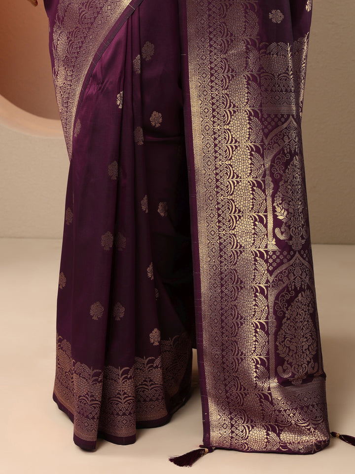 Burgundy Woven Design Banarasi Silk Blend Saree With Unstitched Blouse Piece