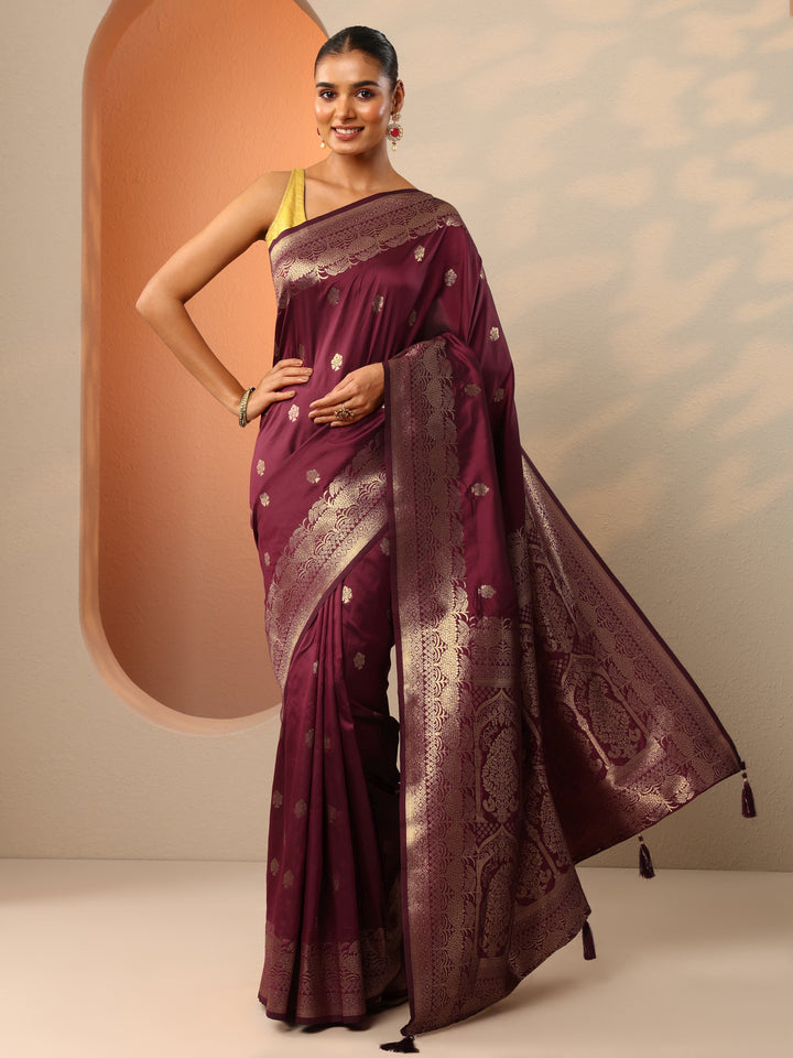 Maroon Woven Design Banarasi Silk Blend Saree With Unstitched Blouse Piece