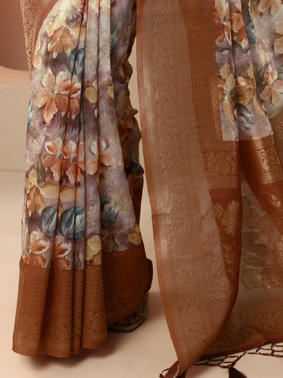 Brown Printed Silk Blend Saree With Unstitched Blouse Piece