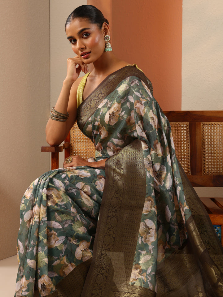Green Printed Silk Blend Saree With Unstitched Blouse Piece