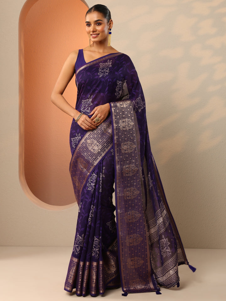 Purple Printed Georgette Saree With Unstitched Blouse Piece