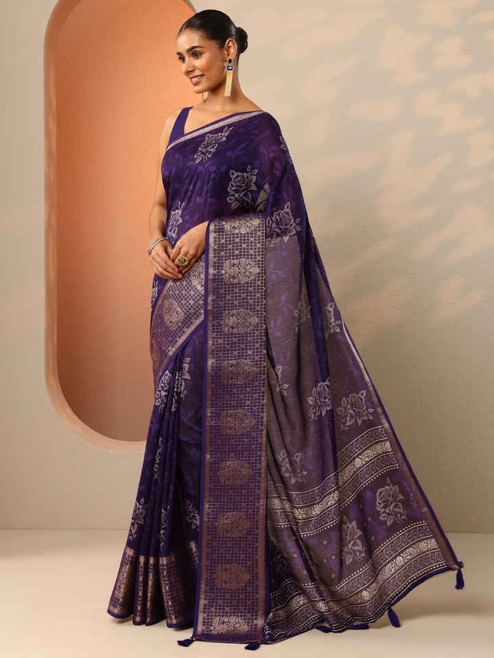 Purple Printed Georgette Saree With Unstitched Blouse Piece