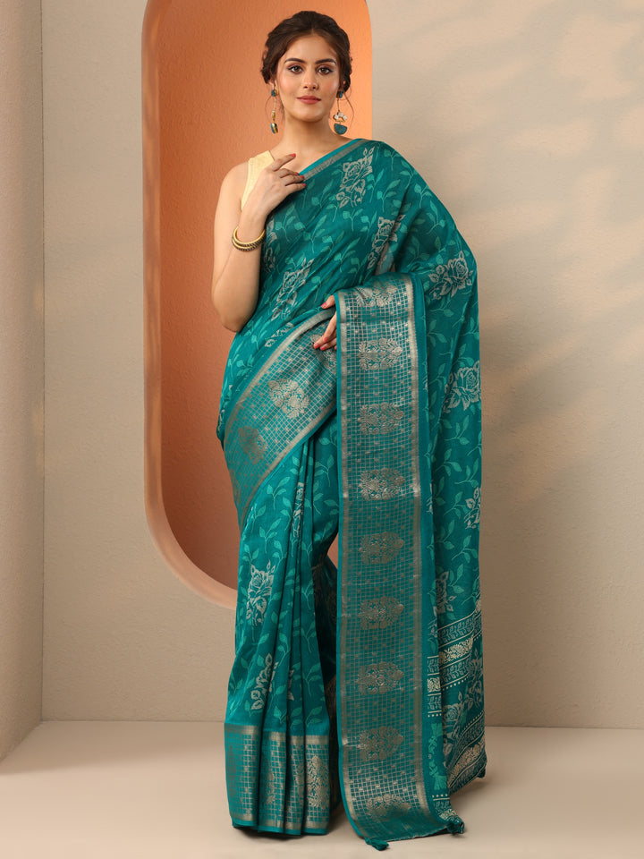 Green Printed Georgette Saree With Unstitched Blouse Piece