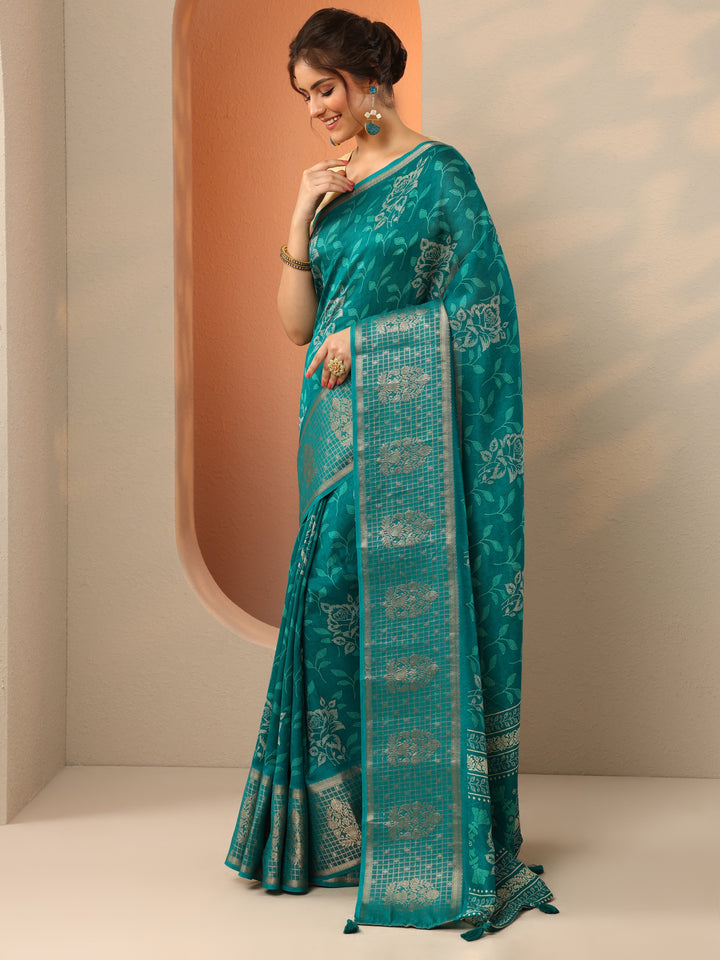 Green Printed Georgette Saree With Unstitched Blouse Piece