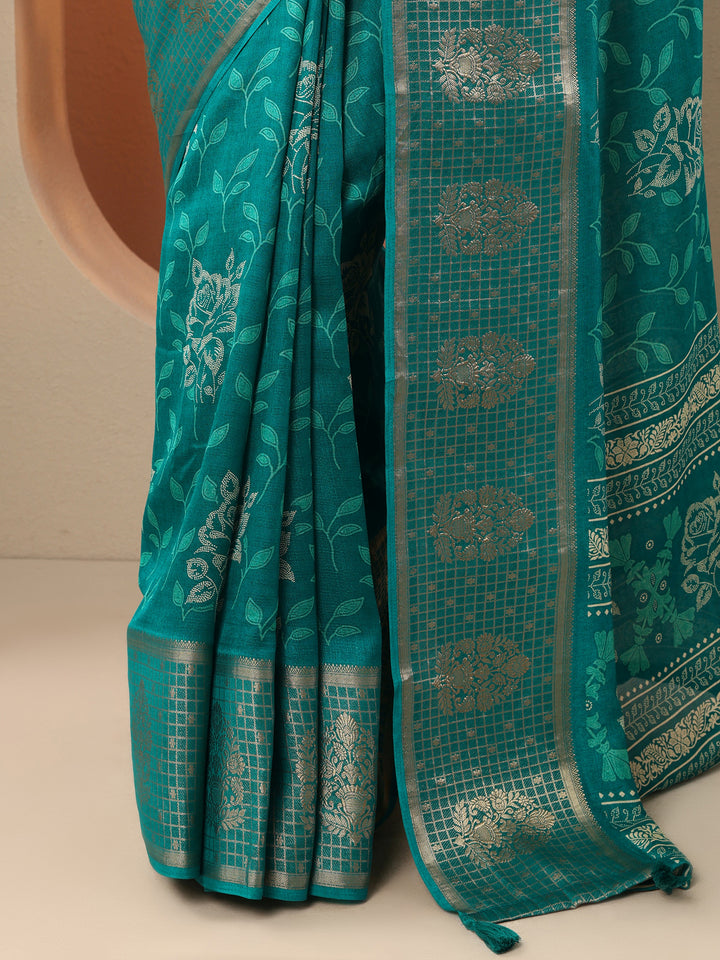 Green Printed Georgette Saree With Unstitched Blouse Piece