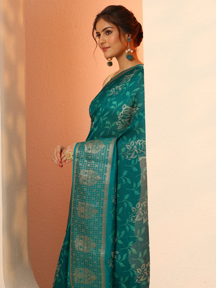 Green Printed Georgette Saree With Unstitched Blouse Piece