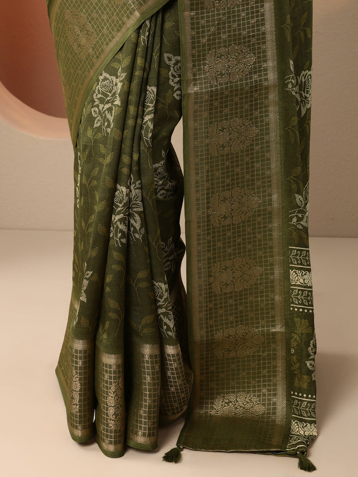 Green Printed Georgette Saree With Unstitched Blouse Piece