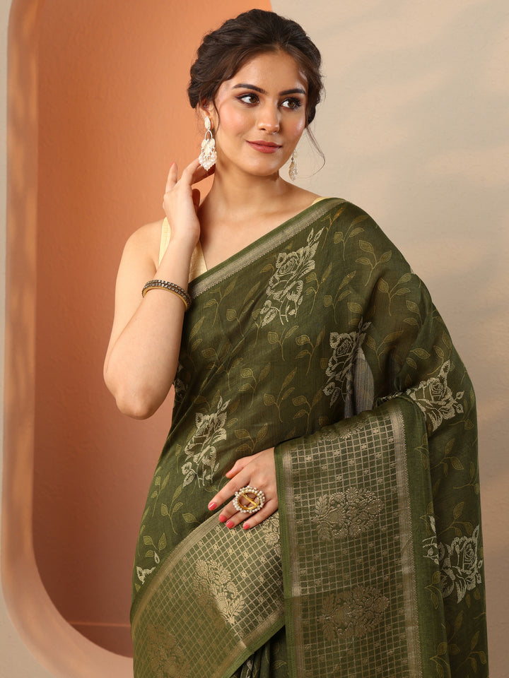 Green Printed Georgette Saree With Unstitched Blouse Piece