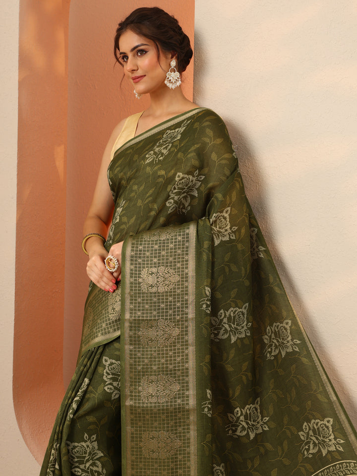 Green Printed Georgette Saree With Unstitched Blouse Piece
